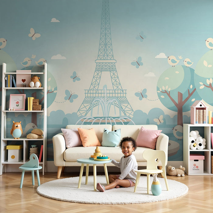 Children's bedroom wallpaper | Fountain and birds in a Parisian park