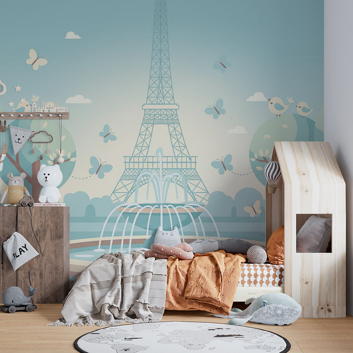Children's bedroom wallpaper | Fountain and birds in a Parisian park