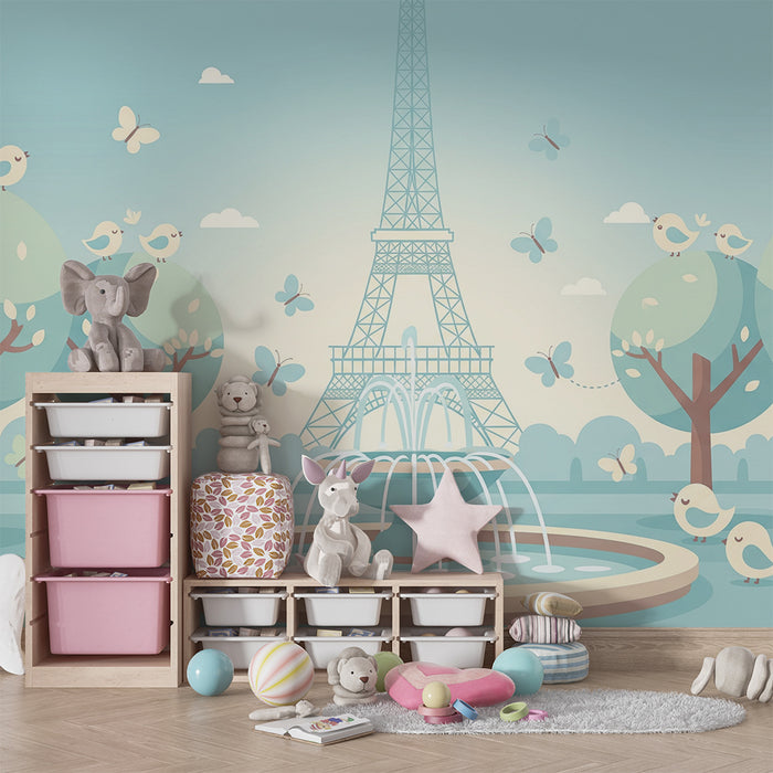 Children's bedroom wallpaper | Fountain and birds in a Parisian park