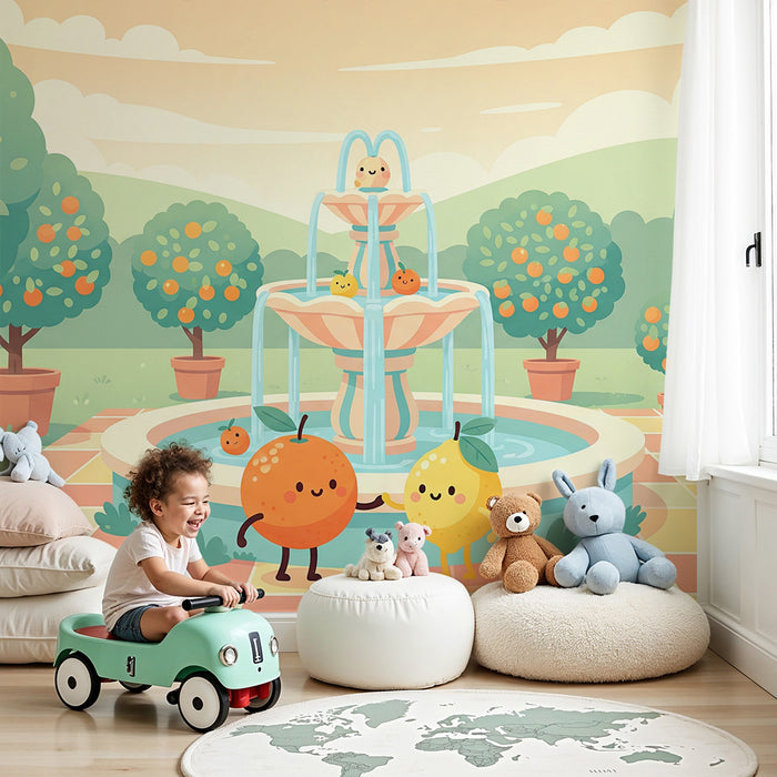 Papel de parede para quarto de criança | Fonte alegre com frutas num jardim ensolarado