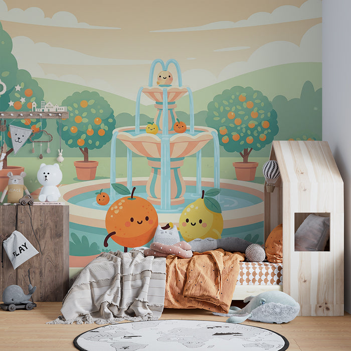Papel de parede para quarto de criança | Fonte alegre com frutas num jardim ensolarado