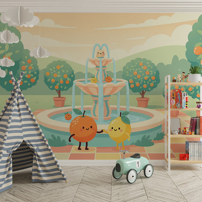 Papel de parede para quarto de criança | Fonte alegre com frutas num jardim ensolarado