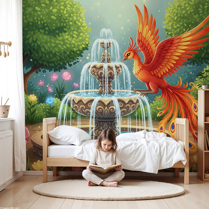 Kinderzimmer Tapete | Magischer Brunnen mit einem flammenden Phönix und einem bunten Garten