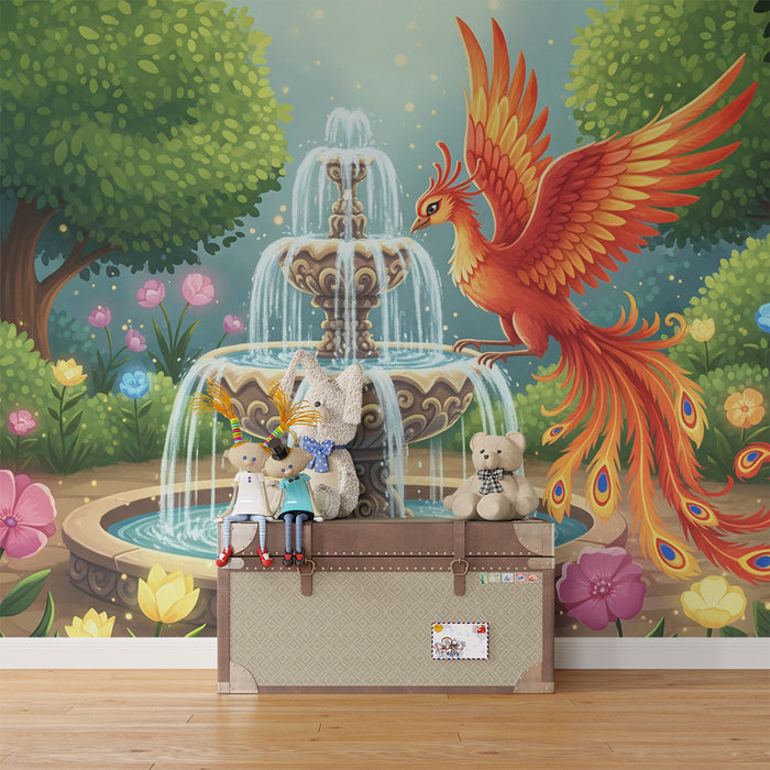 Kinderzimmer Tapete | Magischer Brunnen mit einem flammenden Phönix und einem bunten Garten