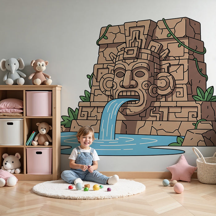 Kids' Room Wallpaper | Mysterious Fountain with Aztec Patterns and Lush Greenery