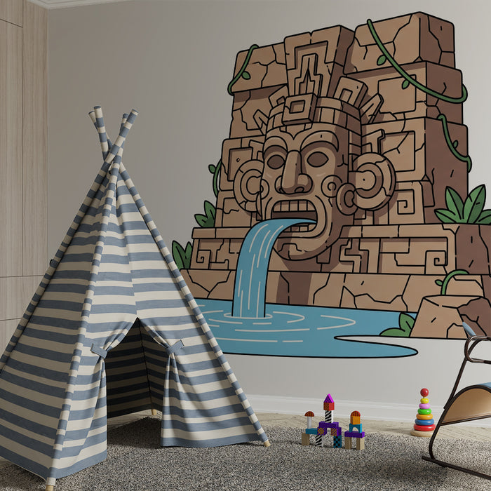 Kids' Room Wallpaper | Mysterious Fountain with Aztec Patterns and Lush Greenery