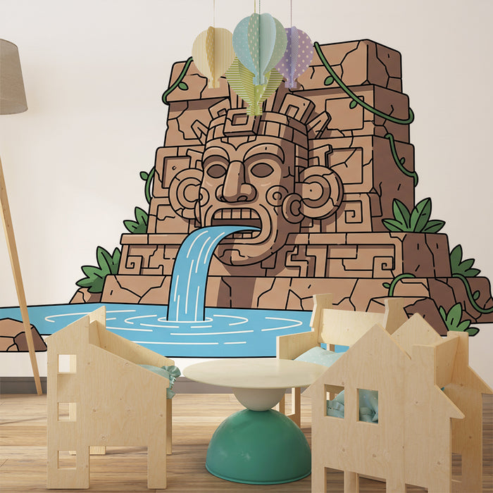 Kids' Room Wallpaper | Mysterious Fountain with Aztec Patterns and Lush Greenery