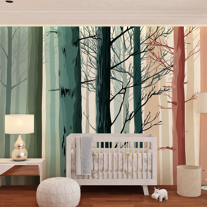 Kinderzimmer Tapete | Abstrakter Wald mit bunten Bäumen