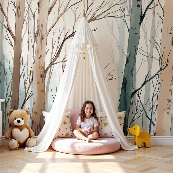 Kinderzimmer Tapete | Beruhigender Wald mit zarten Bäumen