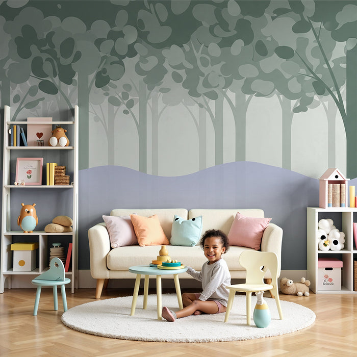 Kids room wallpaper | Soothing forest with delicate trees and light mist