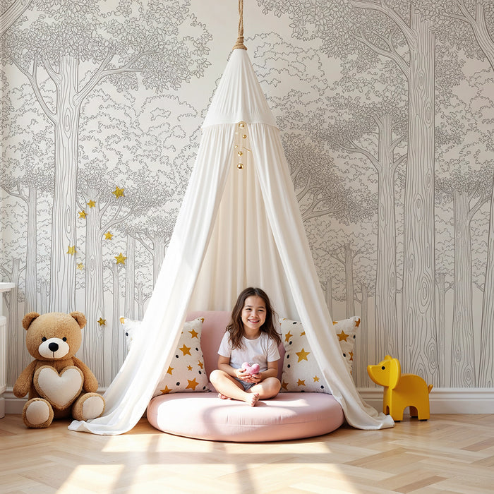 Behang kinderkamer | Rustgevend bos met bomen in beige monochroom