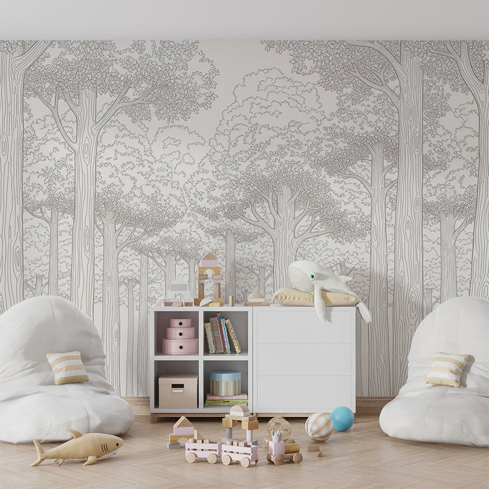 Behang kinderkamer | Rustgevend bos met bomen in beige monochroom