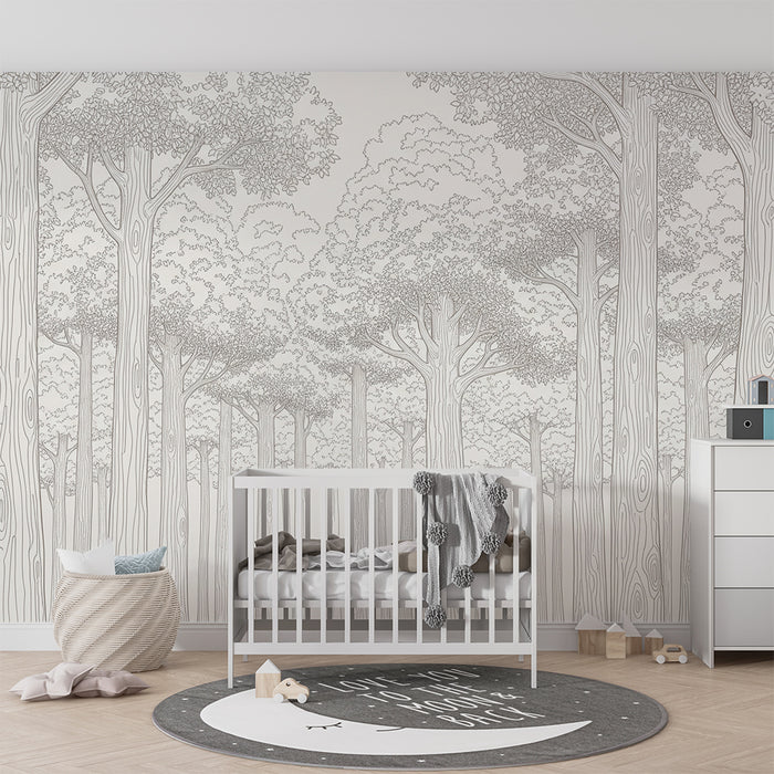 Behang kinderkamer | Rustgevend bos met bomen in beige monochroom