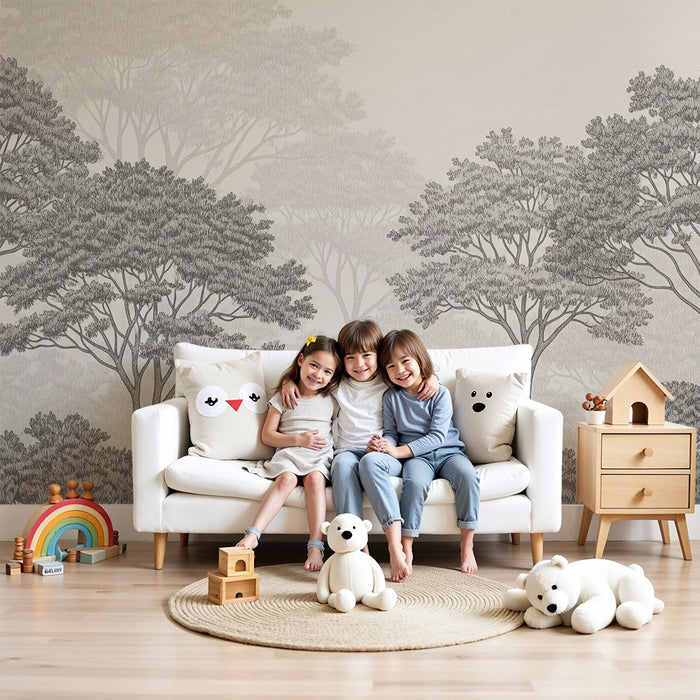 Behang kinderkamer | Rustgevend bos met bomen in grijstinten