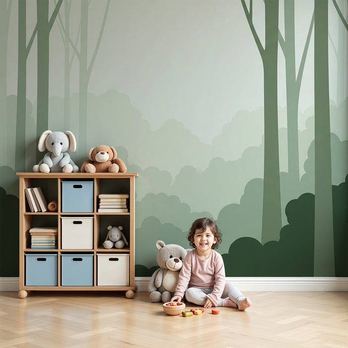 Kinderzimmer Tapete | Beruhigender Wald mit Bäumen und sanftem Laubwerk