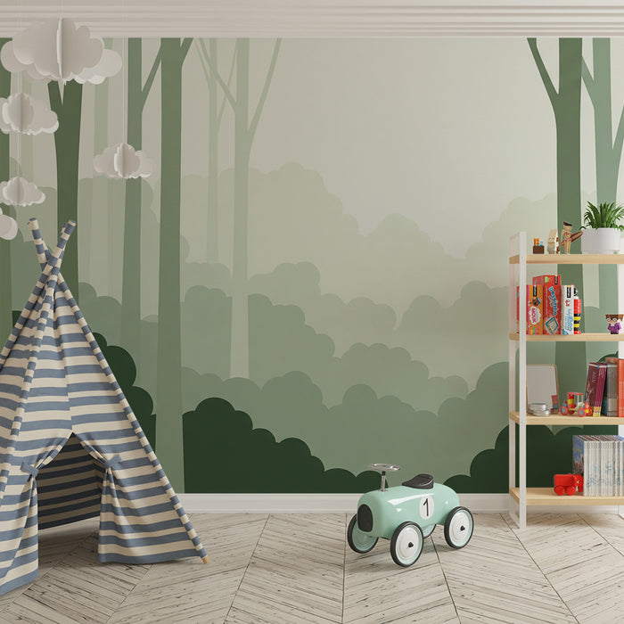 Kinderzimmer Tapete | Beruhigender Wald mit Bäumen und sanftem Laubwerk