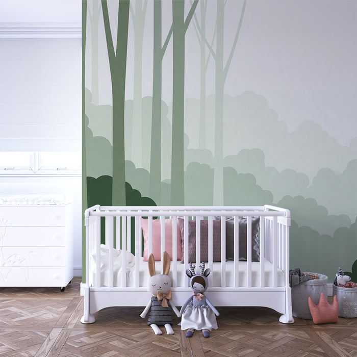 Kinderzimmer Tapete | Beruhigender Wald mit Bäumen und sanftem Laubwerk