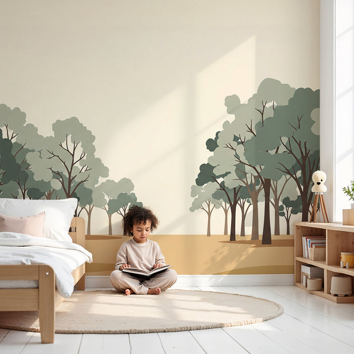 **Schlafzimmer Kinder Tapete | Beruhigender Wald mit stilisierten Bäumen in sanften Farben**