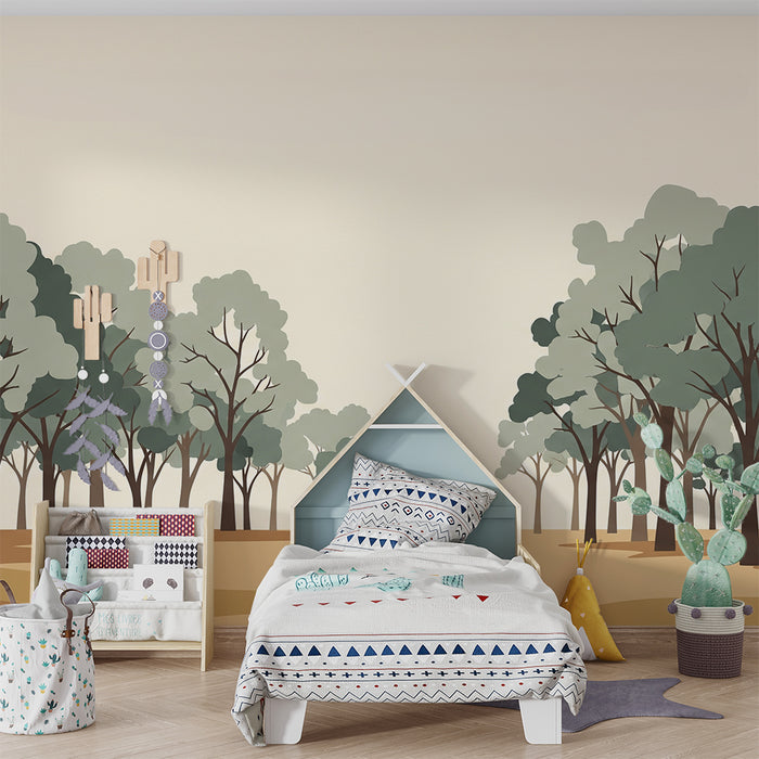 **Schlafzimmer Kinder Tapete | Beruhigender Wald mit stilisierten Bäumen in sanften Farben**