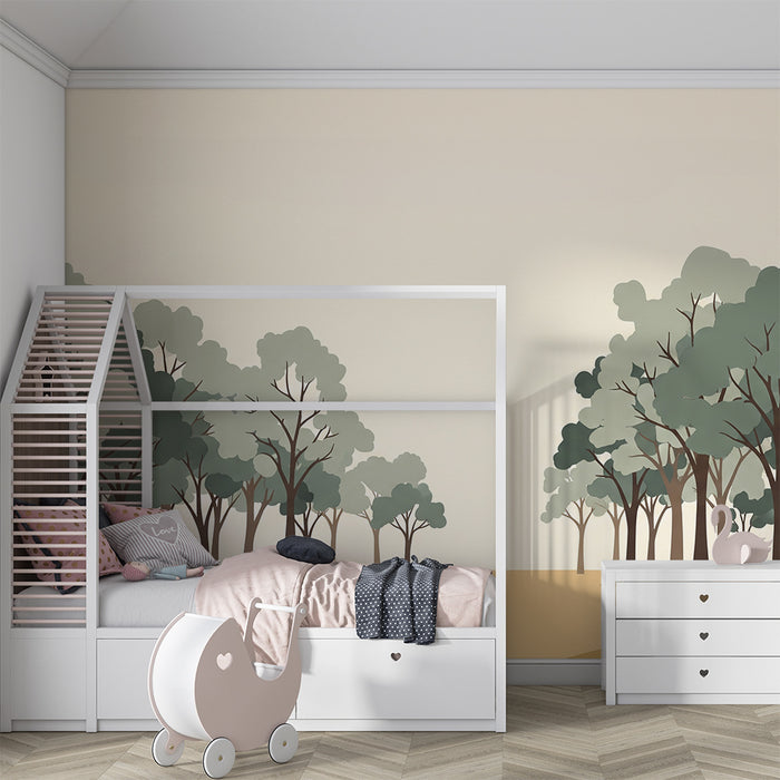 **Schlafzimmer Kinder Tapete | Beruhigender Wald mit stilisierten Bäumen in sanften Farben**
