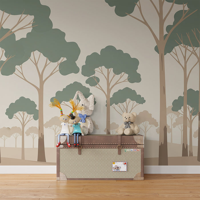 Kinderzimmer Tapete | Beruhigender Wald mit stilisierten Bäumen in sanften Farben