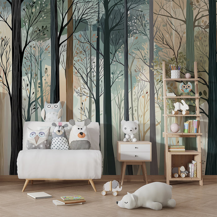 Barntapet | Lugn skog med stiliserade träd och mjuka löv