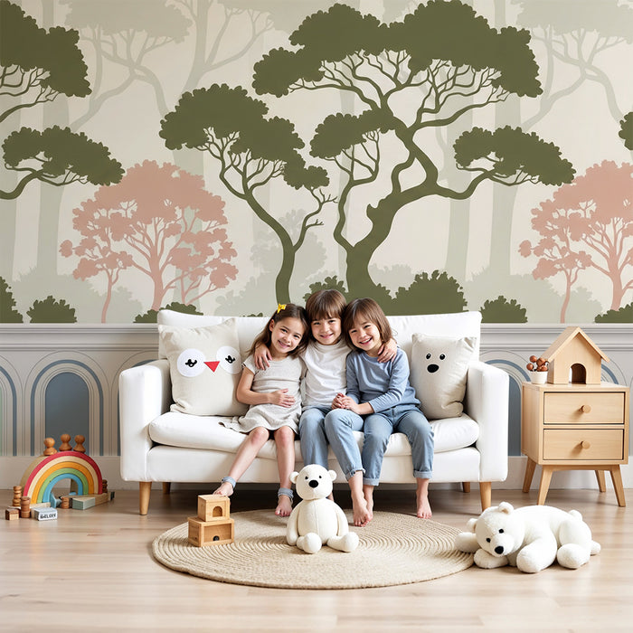 Papel de parede para quarto infantil | Floresta tranquila com árvores estilizadas e tons suaves