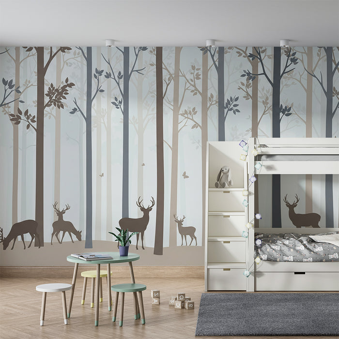 Papel de parede criança | Floresta calmante com veados e árvores delicadas