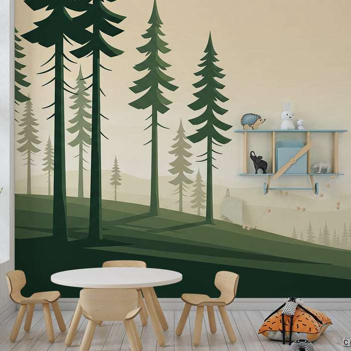 Kinderkamer behang | Rustgevend bos met naaldbomen en zachte landschappen