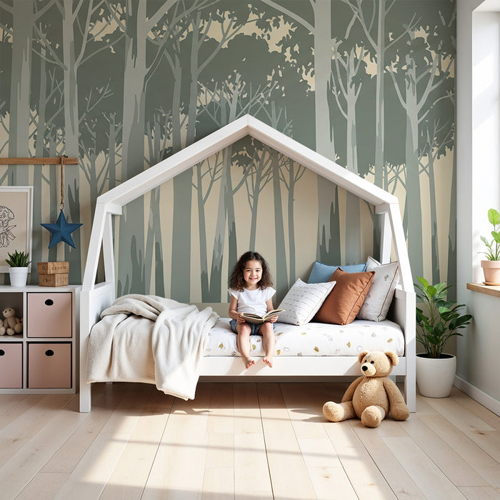 Papel pintado infantil | Bosque relajante con árboles en tonos suaves