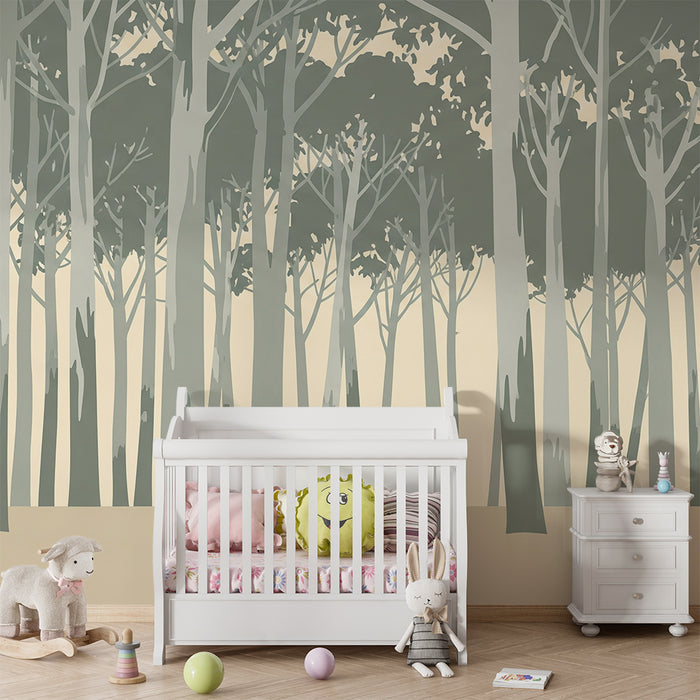 Papel pintado infantil | Bosque relajante con árboles en tonos suaves