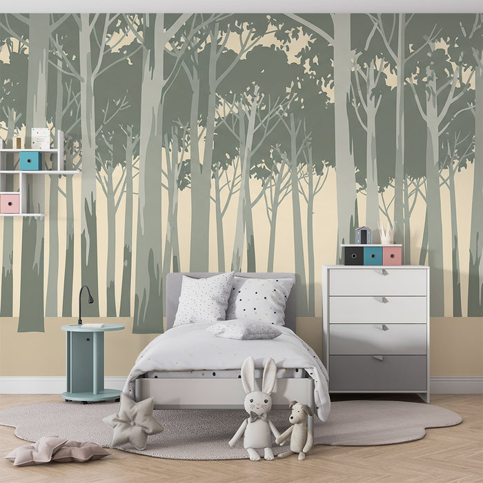 Papel pintado infantil | Bosque relajante con árboles en tonos suaves