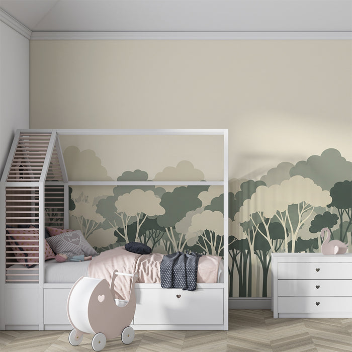 Barnväggstapet | Lugnande skog med stiliserade träd i mjuka toner