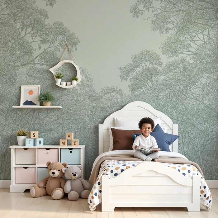 Papel de parede para quarto de criança | Floresta serena com folhagem delicada