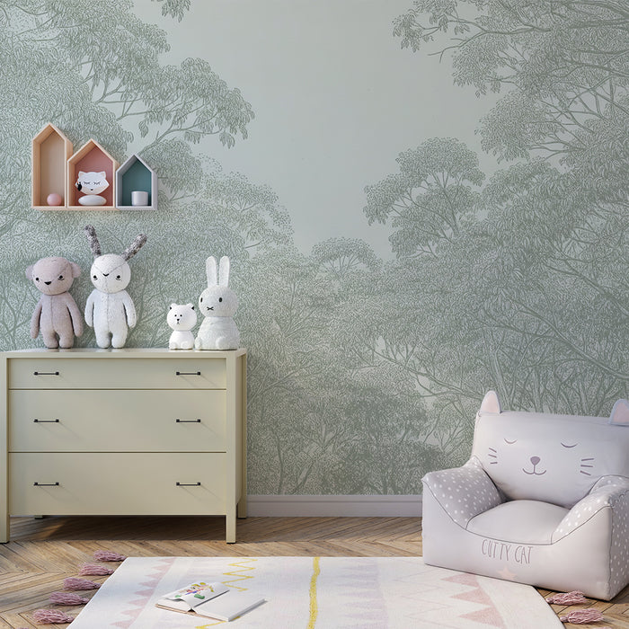 Papel de parede para quarto de criança | Floresta serena com folhagem delicada
