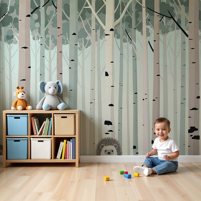 Kinderkamer behang | Rustgevend bos met egels en bomen met delicate stammen