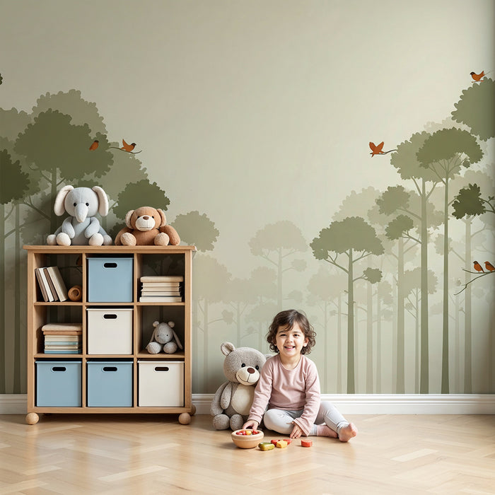Papel de parede criança | Floresta calmante com pássaros coloridos