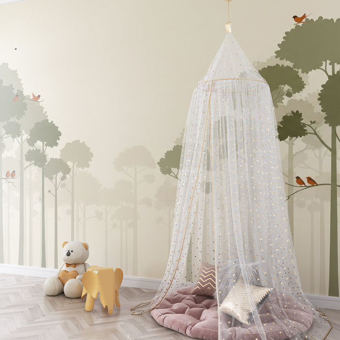 Papel de parede criança | Floresta calmante com pássaros coloridos