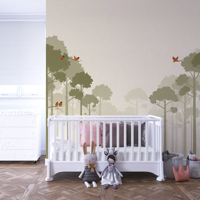 Papel de parede criança | Floresta calmante com pássaros coloridos