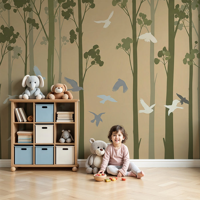 Papier peint chambre enfant | Forêt apaisante avec oiseaux en vol