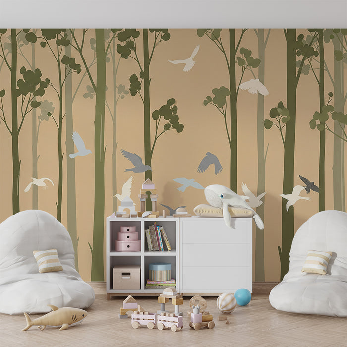 Papier peint chambre enfant | Forêt apaisante avec oiseaux en vol