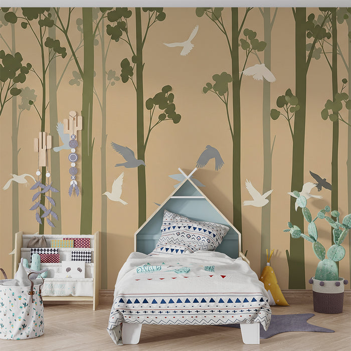Papier peint chambre enfant | Forêt apaisante avec oiseaux en vol