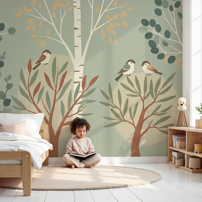 Papel pintado infantil | Bosque tranquilo con pájaros y follaje suave
