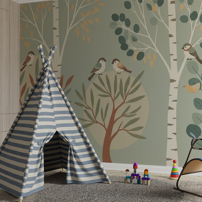 Papel pintado infantil | Bosque tranquilo con pájaros y follaje suave
