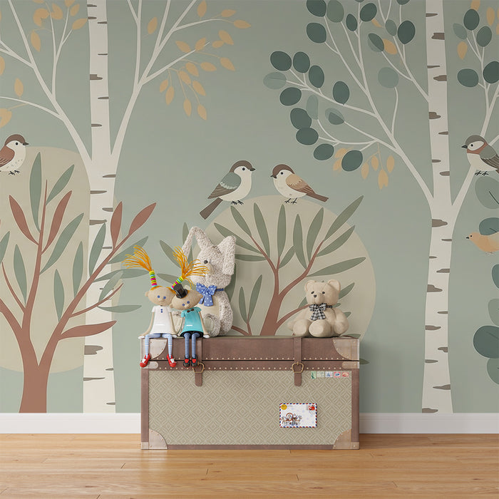 Papel pintado infantil | Bosque tranquilo con pájaros y follaje suave