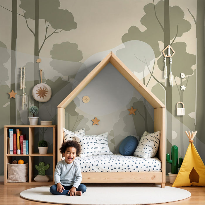 Papier peint chambre enfant | Forêt apaisante avec rayons de lumière douce