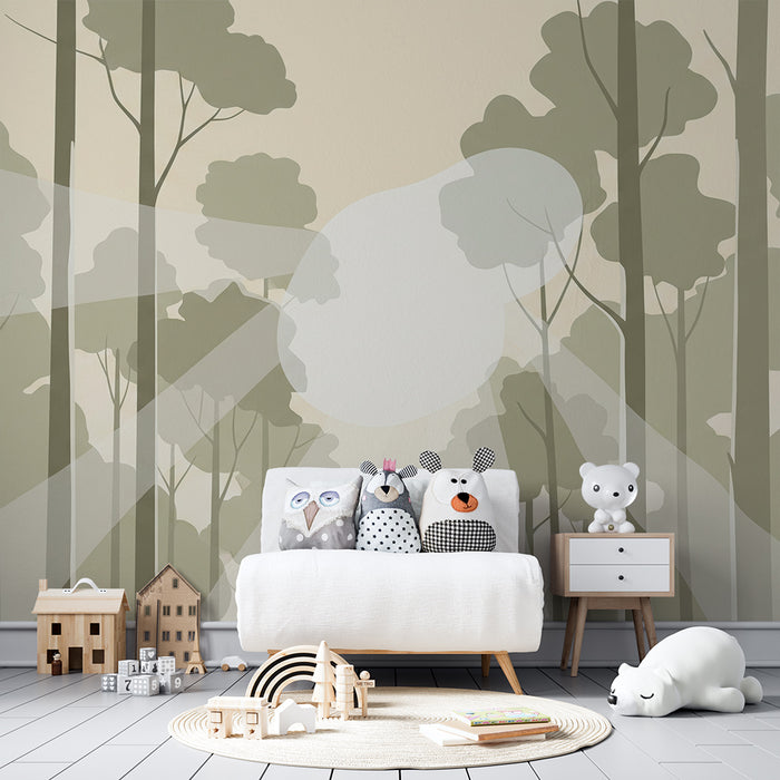 Papier peint chambre enfant | Forêt apaisante avec rayons de lumière douce