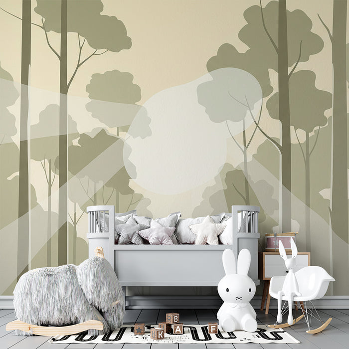 Papier peint chambre enfant | Forêt apaisante avec rayons de lumière douce