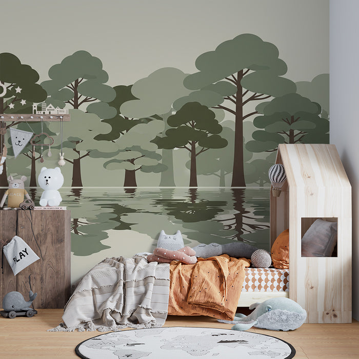 Papel de parede criança | Floresta tranquila com reflexos na água