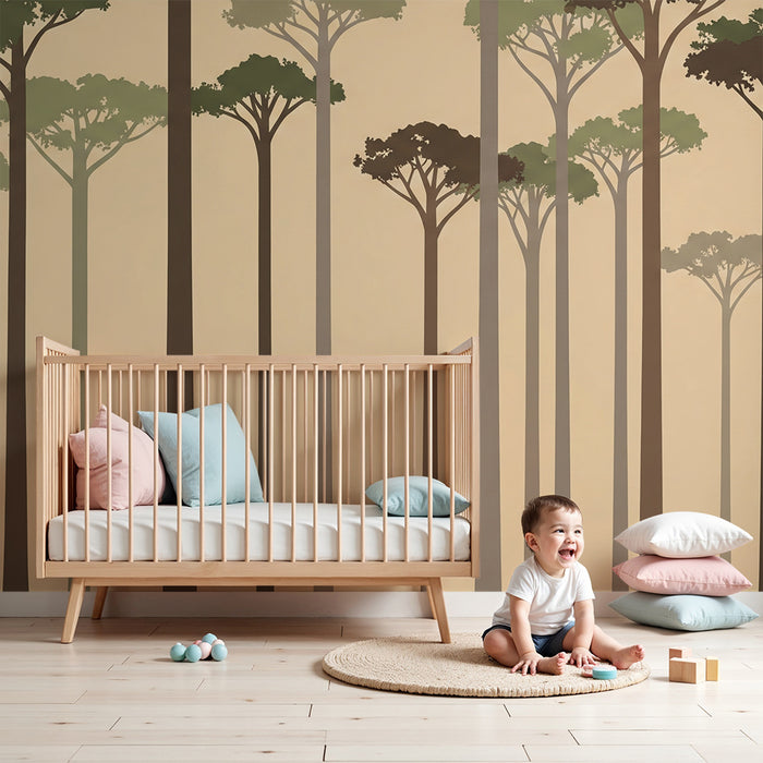 Papel pintado infantil | Bosque tranquilizador con siluetas de árboles elegantes